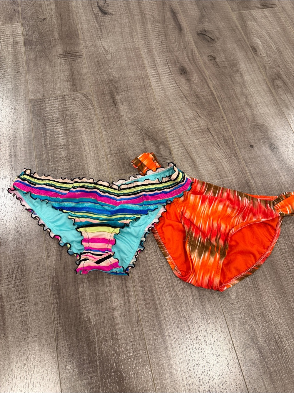 Bundle of Bikini Bottoms- Striped and Orange and Brown Patterned Bikini Bottoms